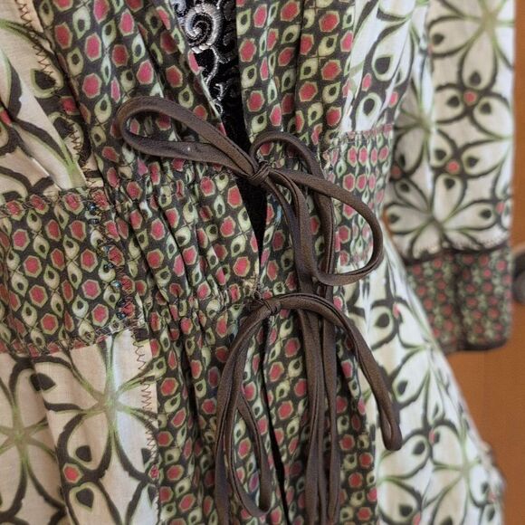 Burning Torch Anthropologie lightweight cotton kimono tie front green pattern M - Picture 3 of 10